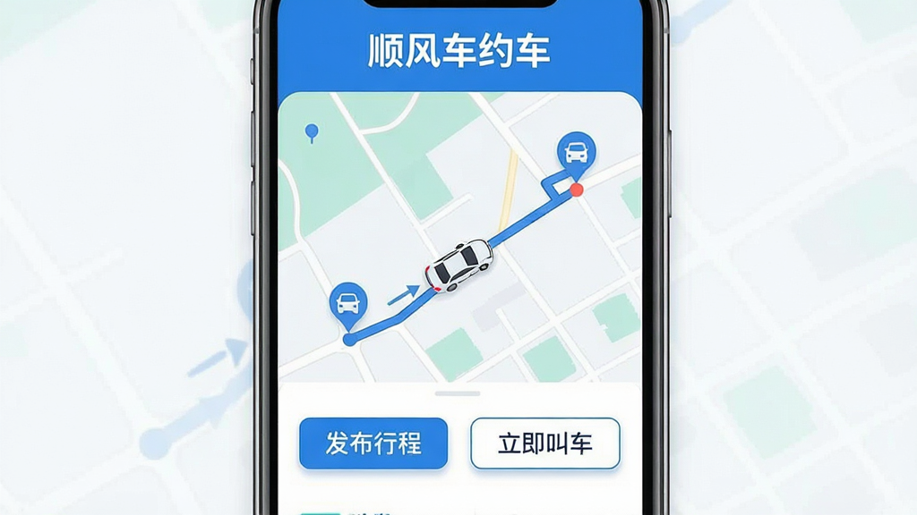 主体:手机屏幕展示顺风车约车App主界面,界面顶部显示“顺风车约车”品牌字样,中间是地图路线和车辆图标,下方有“发布行程”和“立即叫车”两个按钮。布局:居中构图,界面元素清晰排列。排版:现代简洁,信息层级分明。风格:扁平化设计,色彩清新明快,主色调为蓝色和白色。细节:地图上标注起点终点,车辆图标沿路线移动,按钮带有微小阴影。画质:高清,干净,无多余元素。