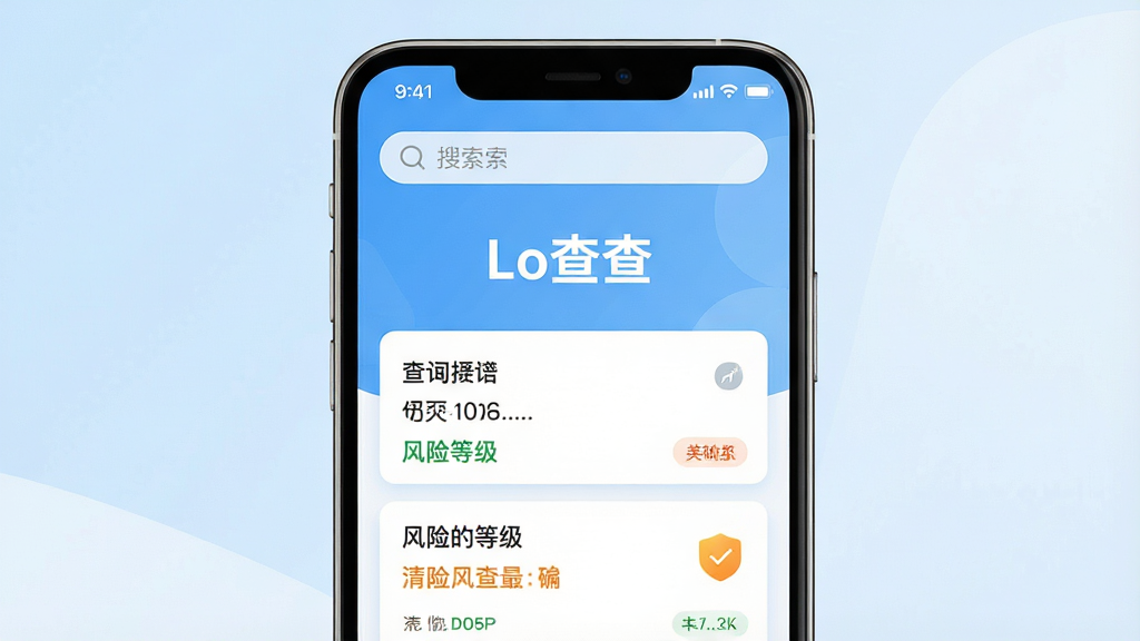 一张展示智能手机屏幕的图片,屏幕正中间显示“Lo查查”APP的主界面,界面风格简洁清晰,顶部有搜索框,下方以卡片形式展示查询结果和风险等级标识,背景为干净的浅蓝色渐变,整体布局规整,画质高清,干净无多余元素