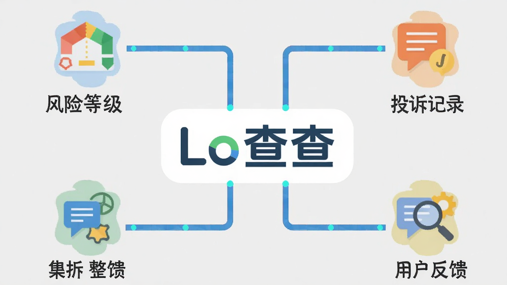 一张扁平化风格的功能示意图,画面中央是“Lo查查”的logo,周围环绕着“风险等级”、“投诉记录”、“用户反馈”等图标,通过线条连接到logo,表示数据整合分析,背景为浅灰色,排版清晰,色彩明快,画质干净无多余元素