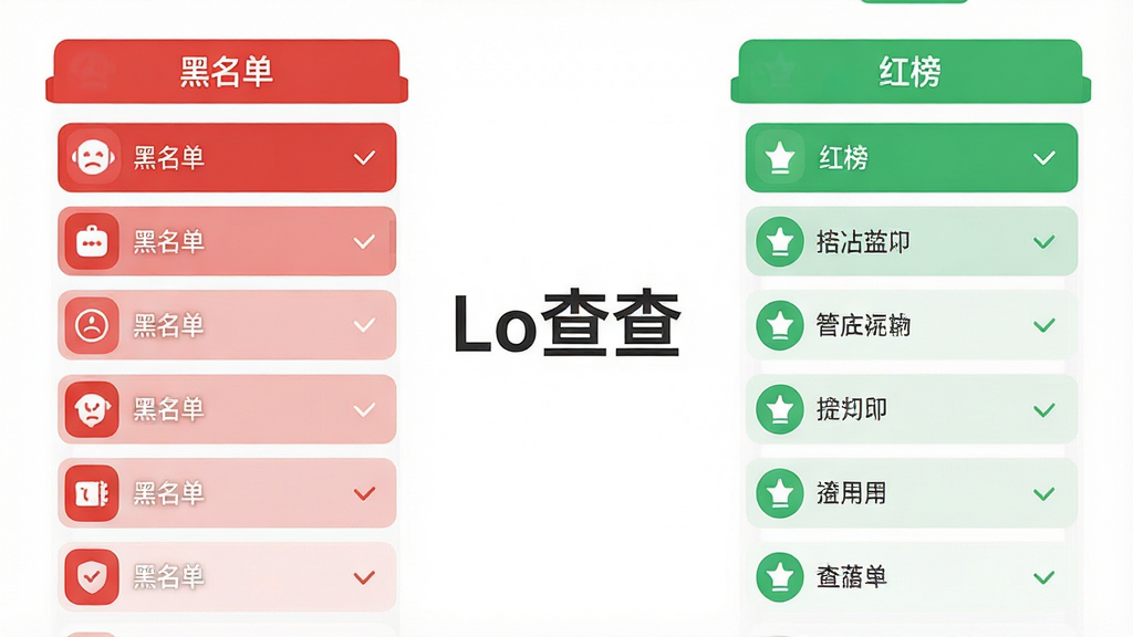 一张对比风格的界面设计图,左侧是红色调的“黑名单”列表,右侧是绿色调的“红榜”列表,中间是“Lo查查”的名称,整体UI设计现代,图标清晰,背景为白色,排版整齐,画质干净无多余元素