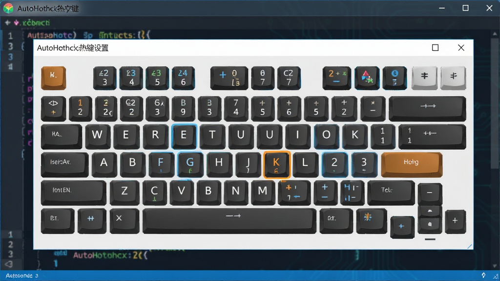 AutoHotkey热键设置界面,显示键盘映射图,高亮组合键,背景为半透明代码窗口,风格科技感,布局直观,细节清晰,画质高清,干净无多余元素