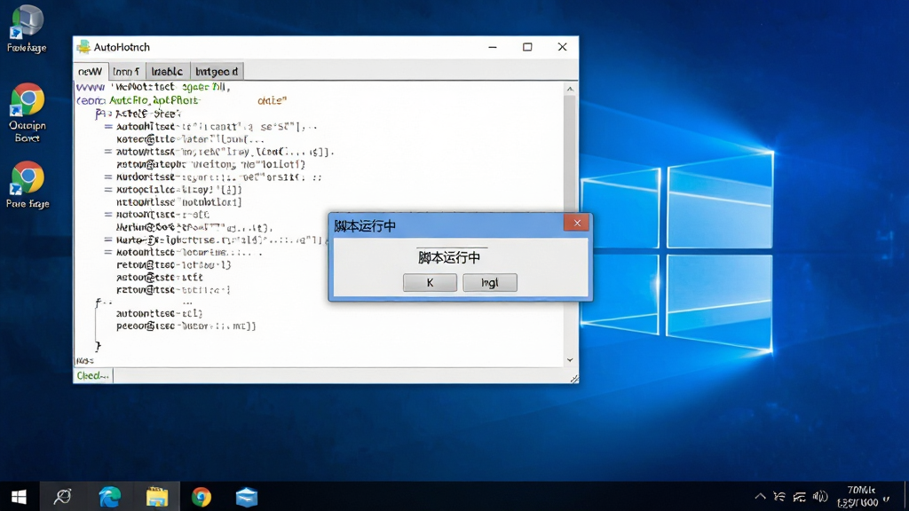 AutoHotkey脚本运行成功,桌面弹出提示框,显示“脚本运行中”,背景为Windows桌面,风格真实,布局自然,细节清晰,画质高清,干净无多余元素
