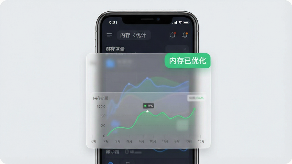 DO浏览器内存优化示意图,主体为手机屏幕显示内存占用曲线图,布局为半透明卡片风格,图表占比低,背景为浅灰色,风格清新,细节有“内存已优化”标签,画质干净