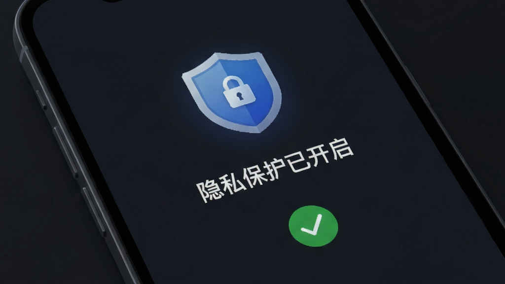 DO浏览器隐私保护模式界面,主体为手机屏幕显示盾牌图标和“隐私保护已开启”字样,布局居中,背景为深色,风格沉稳,细节有指纹锁和绿色对勾,画质细腻无多余元素
