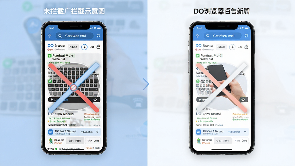 DO浏览器广告拦截功能示意图,主体为手机屏幕对比图,左侧显示未拦截的广告页面,右侧显示拦截后的干净页面,布局采用左右对比形式,风格简洁明快,细节突出拦截效果,画质干净清晰