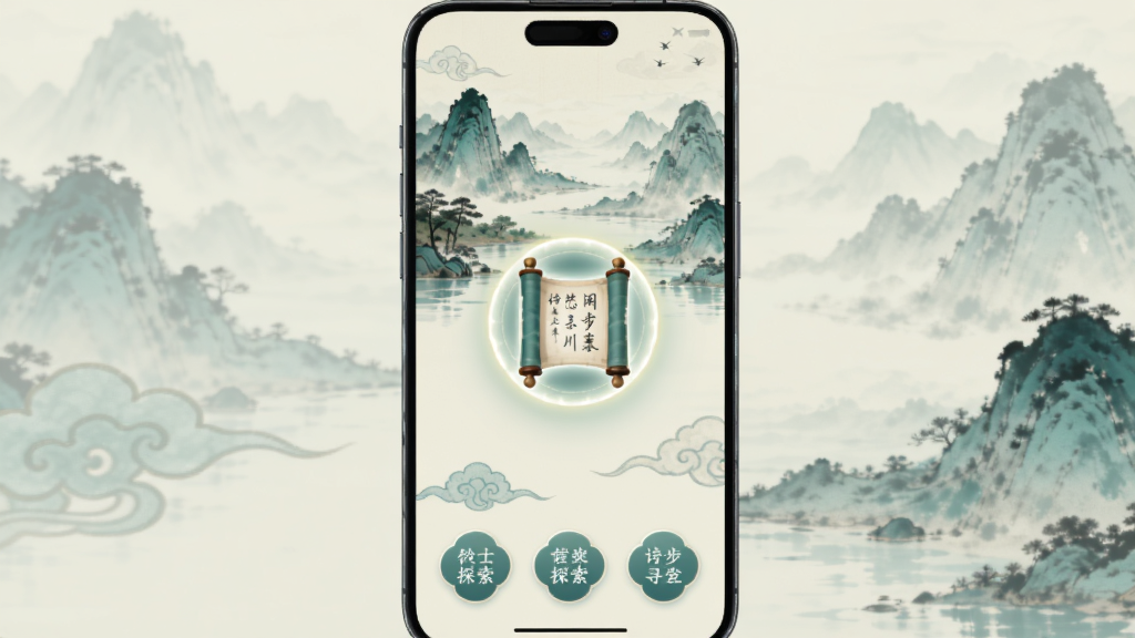 手机屏幕上显示闲步寻川应用的诗意寻访界面,界面采用竖版布局,上方是水墨山水动态背景,中间有一个发光的诗词卷轴图标,下方是几个圆形的探索按钮,风格古雅,色调以青绿和米白为主,细节处有淡淡的云纹装饰,画质干净,无多余元素