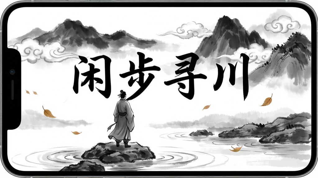 一幅充满中国水墨画风格的手机应用宣传图,主视觉为一位古装人物背影,站立在溪流旁的岩石上,远山如黛,云雾缭绕,画面留白处用书法字体写着“闲步寻川”四个大字,整体布局居中,风格淡雅空灵,细节包括水波纹和飘落的树叶,画质清晰干净,无多余元素