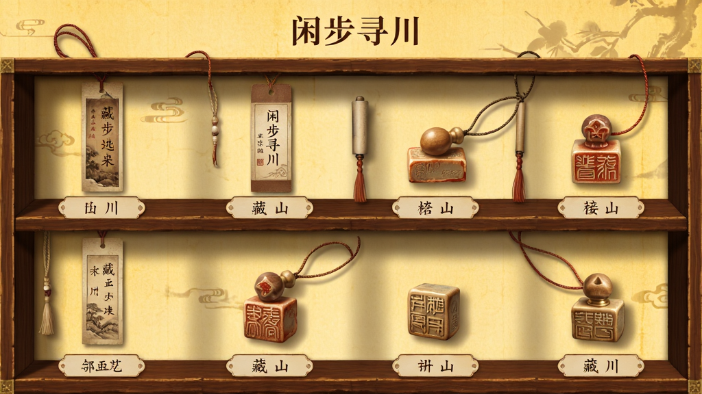 闲步寻川应用的藏品收集页面,页面以书架形式排列着各种古风书签和印章,每个物品下方有名字标签,背景是暖黄色的宣纸纹理,风格复古精致,布局整齐,色调以棕红和米色为主,细节包括木架纹理和光影效果,画质干净,无多余元素