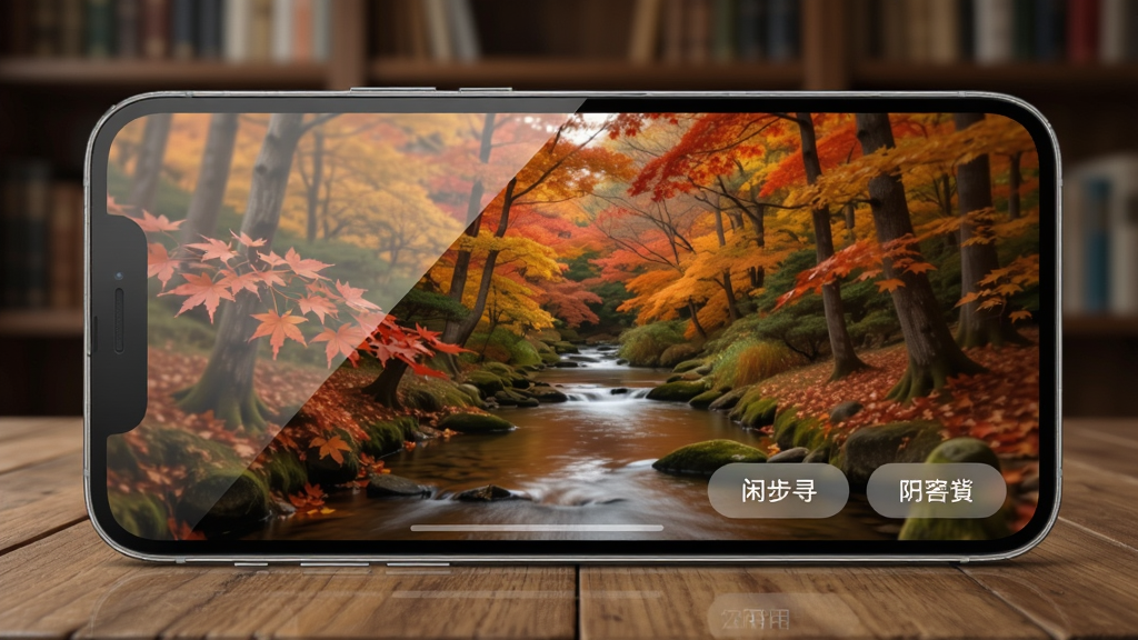 闲步寻川应用在手机上的实际运行效果图,手机横屏显示,画面中是一片秋日枫林和溪流,界面右下角有半透明的操作按钮,背景是模糊的书房环境,风格真实,布局舒适,色调温暖,细节包括屏幕反光和木桌纹理,画质清晰干净,无多余元素