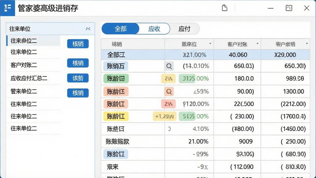 画面主体为“管家婆高级进销存”往来账款管理模块界面,展示应收应付汇总表与客户对账列表;布局为左右分栏,左侧为往来单位列表,右侧为账款明细表格;排版顶部为筛选标签“全部”“应收”“应付”,表格中金额数字清晰可见;风格为简洁的财务软件风格,白色背景配蓝色强调色,表格线条细腻;细节包括“核销”按钮、账龄颜色标签、金额千分位显示,画面干净无多余元素;画质清晰,文字可读性强