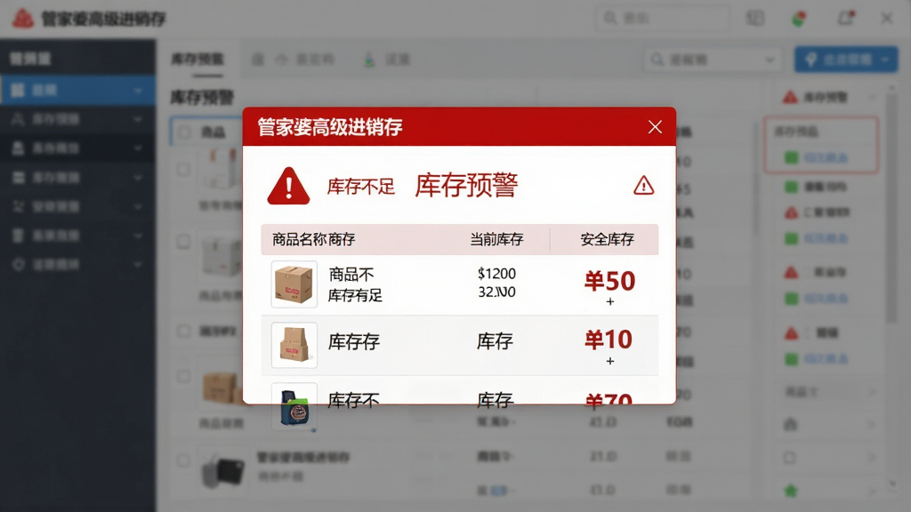 画面主体为“管家婆高级进销存”库存预警弹窗界面,位于电脑屏幕中央,弹窗内显示“库存不足”红色警示标志和商品列表;布局为弹窗居中,背景为模糊的软件主界面;排版突出预警信息,顶部标题“库存预警”,下方列出商品名称、当前库存、安全库存;风格为扁平化设计,红色与白色对比鲜明;细节包括商品缩略图、库存数字加粗显示、警告图标,整体干净无多余元素;画质清晰,UI精致