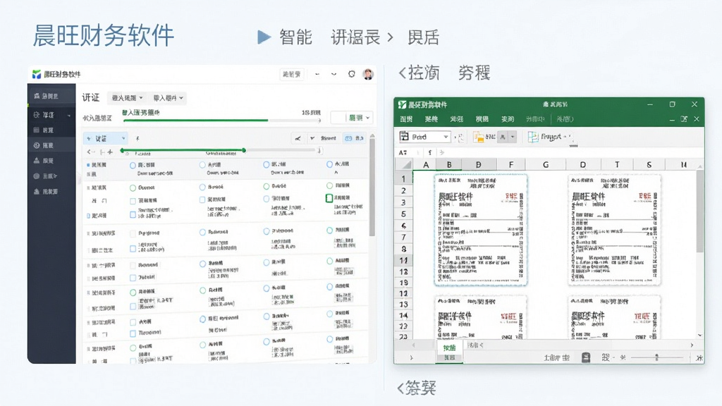 展示晨旺财务软件智能凭证处理功能,主体为软件操作界面中凭证列表与Excel导入窗口,布局左右分栏,风格清爽明亮,细节显示导入进度条和凭证预览,画质清晰干净,无多余元素,文字标注“晨旺财务软件”