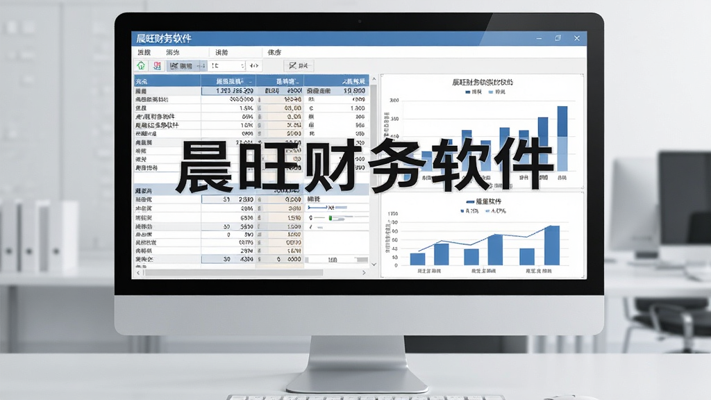 图片展示晨旺财务软件主界面,主体为软件在电脑屏幕上的运行界面,显示财务报表和图表,布局居中,界面风格简洁商务,背景为浅灰色办公桌面,细节包括清晰的表格数据和柱状图,画质高清干净,无多余元素,文字标注“晨旺财务软件”