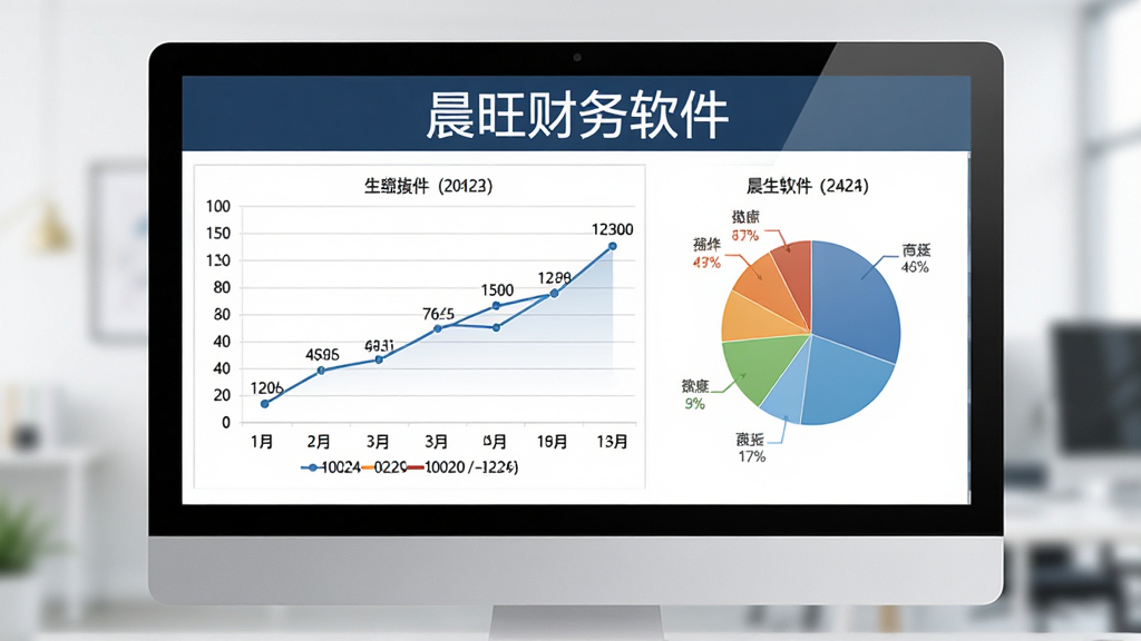 展示晨旺财务软件报表生成效果,主体为电脑屏幕上的报表图表,包括折线图和饼图,布局居中,风格商务大气,细节显示数据标签和日期范围,画质高清,无多余元素,文字标注“晨旺财务软件”