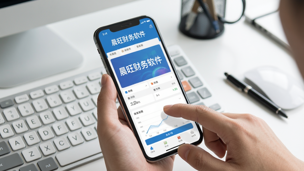 展示晨旺财务软件移动端操作场景,主体为手机屏幕显示软件界面,周围有键盘和办公用品,布局为手持手机视角,风格写实生活化,细节显示手指点击操作,画质清晰干净,无多余元素,文字标注“晨旺财务软件”