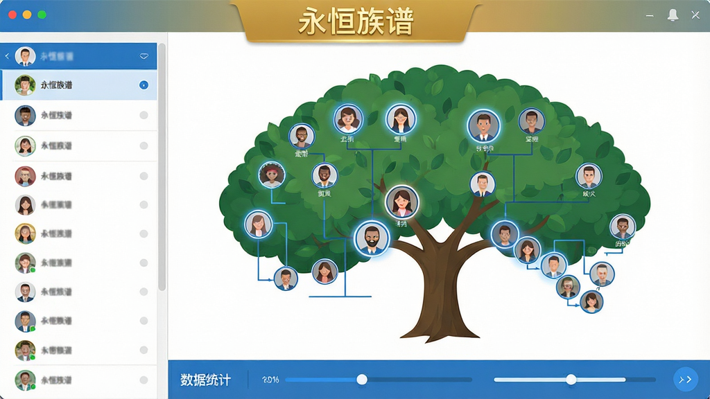 主体为软件主界面展示,界面中央是一棵枝繁叶茂的家族关系树,每个节点以圆形头像代表成员,连线清晰;布局采用左右分栏,左侧为成员列表,右侧为关系图谱;排版整洁,顶部有“永恒族谱”金色标题;风格为现代扁平化设计,蓝白主色调;细节上,节点高亮显示当前选中成员,底部有数据统计栏;画质高清,干净无多余元素。