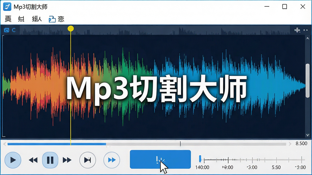主体:“Mp3切割大师”软件主界面,展示波形编辑区域和切割按钮;布局:上方为菜单栏,中间为音频波形彩色显示,下方为播放控制和时间轴;排版:界面简洁清晰,图标化按钮排列整齐;风格:现代扁平化设计,蓝色主色调,白色背景;细节:波形图上显示黄色切割线,鼠标指针悬停在切割按钮上;画质:高清,干净,无多余元素,屏幕中央显示“Mp3切割大师”字样。