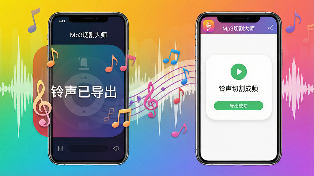 主体:一部智能手机旁边放置着“Mp3切割大师”软件的图标,背景是音乐波形;布局:手机在左,软件界面在右,中间有音符飘动;排版:手机屏幕显示“铃声已导出”提示,软件界面显示导出成功状态;风格:明亮活泼,色彩丰富;细节:手机屏幕上显示“Mp3切割大师”字样,周围有音乐符号;画质:高清,干净,无多余元素。