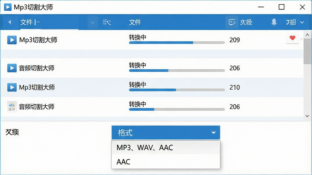 主体:“Mp3切割大师”批量转换界面,列表中有多个音频文件;布局:上方为文件列表,下方为格式选择下拉菜单;排版:列表行清晰,格式选项排列有序;风格:简洁商务风,蓝白配色;细节:列表文件旁显示“转换中”进度条,下拉菜单中选项为“MP3、WAV、AAC”;画质:高清晰度,干净,无多余元素。