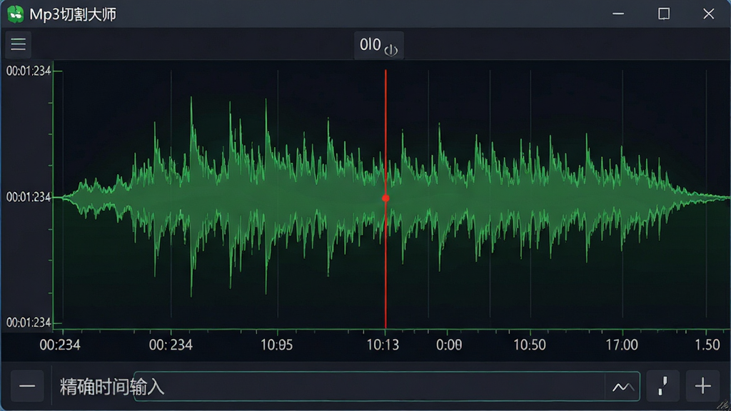 主体:“Mp3切割大师”软件中波形放大后的细节视图,显示毫秒级时间刻度;布局:波形占据画面主体,下方是精确的时间输入框;排版:波形曲线平滑,时间数字清晰可见;风格:科技感深色背景,波形以绿色线条呈现;细节:时间刻度上标有“00:01:234”字样,切割点用红色竖线标记;画质:高清晰度,干净,无多余元素。