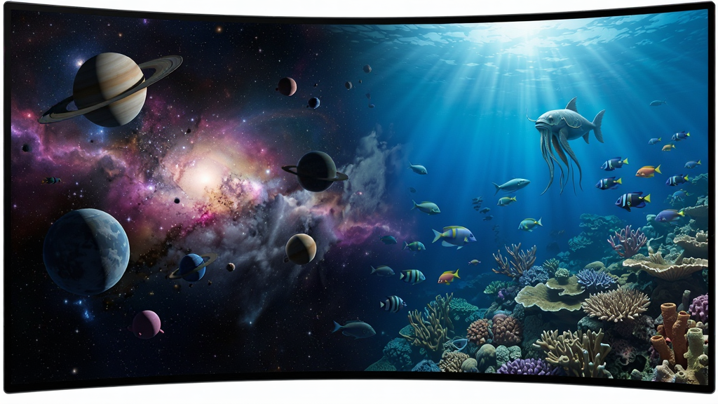 超级牛叉电脑屏保3D动态场景展示,包括星空宇宙与海底世界,画面精美,布局广阔,排版大气,风格写实,细节丰富,画质高清,干净无多余元素