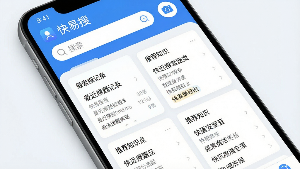 一张展示快易搜软件主界面的高清截图,主体是手机屏幕中的快易搜应用首页,顶部有搜索框和拍照按钮,中间以卡片形式排列着最近搜题记录和推荐知识点,整体布局简洁清晰,色彩以蓝白为主,风格现代清新,画质细腻干净,无多余元素,图片中显示文字