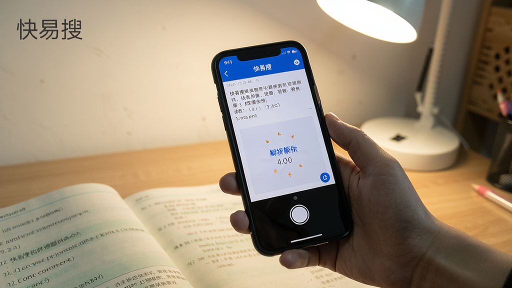 一张展示快易搜拍照搜题功能的使用场景图,主体是一只手拿着手机对准作业本拍照,手机屏幕显示识别出的题目文字和正在加载的解析结果,背景是书桌和台灯,画面清晰自然,构图合理,风格写实,画质干净,无多余元素,图片中显示文字