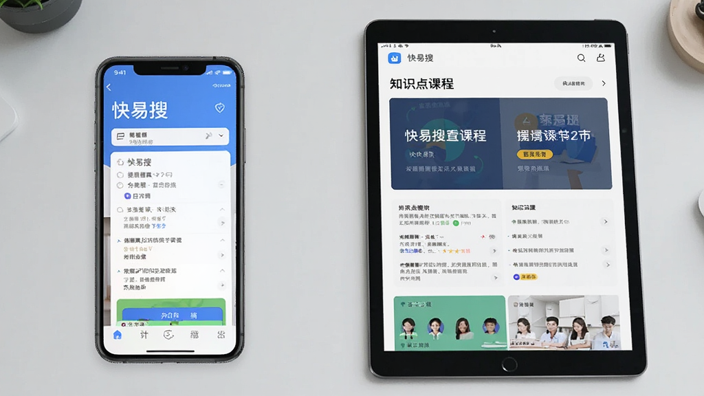 一张展示快易搜在手机和平板上使用的对比图,左侧是手机屏幕显示搜题结果,右侧是平板显示知识点课程,背景为浅灰色桌面,整体风格商务简洁,画质高清,无多余元素,图片中显示文字