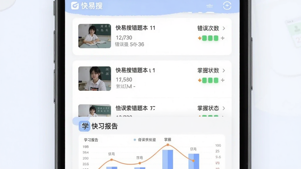 一张展示快易搜错题本功能的界面截图,主体是手机屏幕上的错题列表,每道错题显示题目缩略图、错误次数和掌握状态,底部有学习报告图表,整体风格简约,色彩柔和,布局合理,画质细腻,无多余元素,图片中显示文字