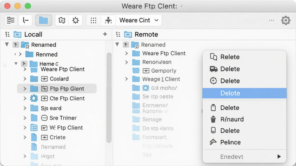 一张展示 Weare Ftp Client 远程文件管理功能的图片,界面中显示本地和远程目录树,右键菜单弹出重命名、删除等选项,风格简洁,图标清晰,画质干净,无多余元素。