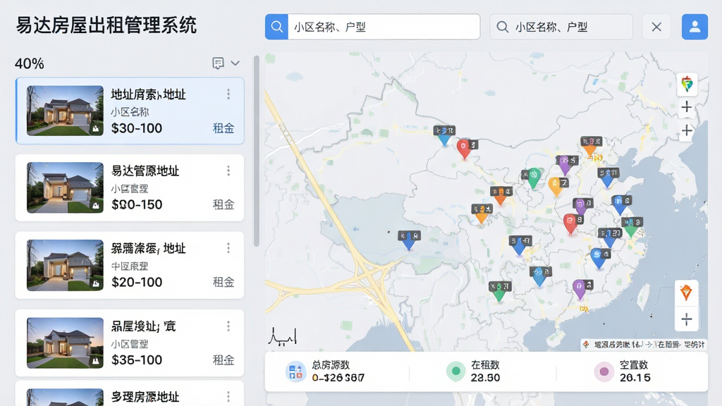 主体:易达房屋出租管理系统的房源管理界面,左侧为房源列表,右侧为地图分布视图,地图上有多个彩色标记点。布局:左右分栏式布局,左侧列表占40%,右侧地图占60%,顶部为搜索筛选栏。排版:界面采用卡片式设计,每张房源卡片显示缩略图、地址和租金,地图标记点用不同颜色区分状态。风格:现代UI设计风格,扁平化图标,浅灰背景,蓝色主色调。细节:搜索框内有“小区名称、户型”字样,地图标记点上有数字标注,底部有统计栏显示总房源数、在租数、空置数。画质:高分辨率界面截图,细节清晰,色彩舒适,干净无多余元素。