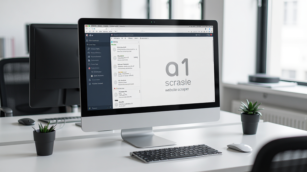 一张a1 website scraper在电脑上运行的实拍照片,屏幕中清晰显示软件界面,电脑桌面整洁,周围环境为现代办公桌,光线明亮,画质高清,无多余杂物
