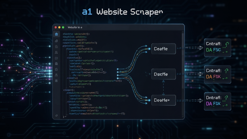 一张a1 website scraper智能解析引擎工作时的示意图,画面中央显示网页源码与提取数据的对应关系,通过线条连接,背景为深色科技风格,突出数据流动感,画质清晰,无多余元素