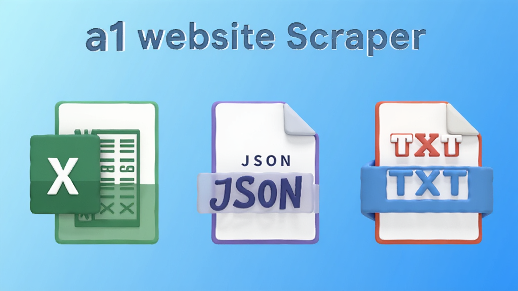 一张展示a1 website scraper导出数据格式的示意图,画面中显示Excel、JSON、TXT三种文件格式的图标,背景为渐变蓝色,风格简约明亮,图标立体感强,画质干净