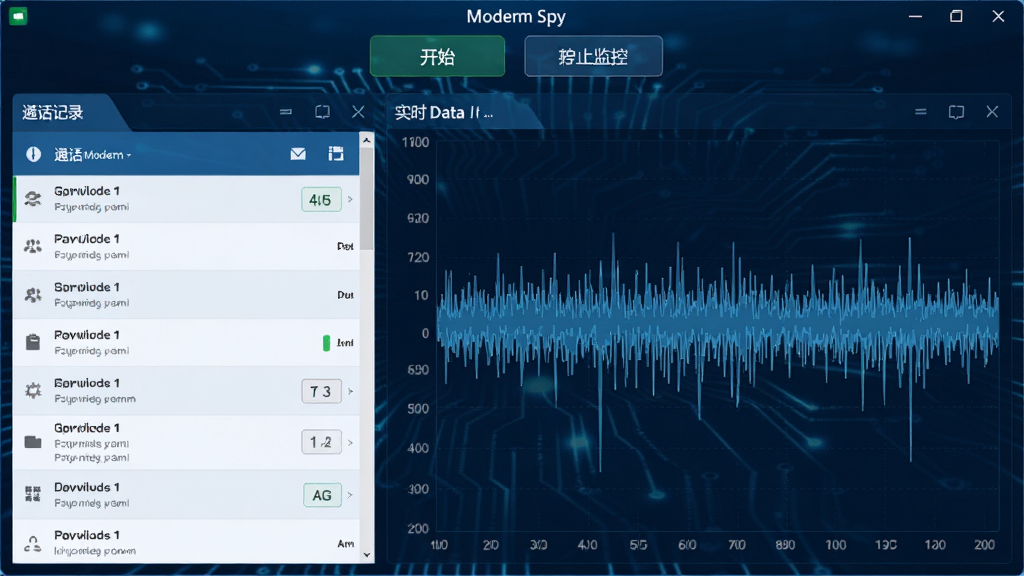 Modem Spy软件主界面截图,深蓝色调科技感风格,左侧为通话记录列表,右侧显示实时数据波形图,顶部有开始/停止监控按钮,布局清晰简洁,高清画质,干净无多余元素