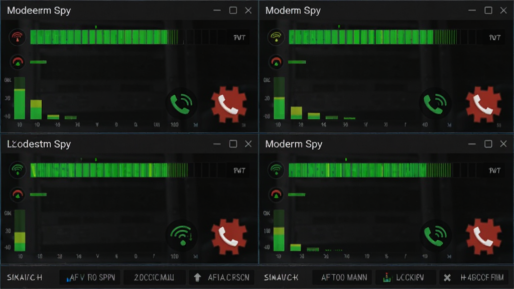 Modem Spy多线路监控界面,四宫格分屏显示不同线路状态,每个格子有独立的信号指示条与通话状态图标,底部有汇总统计栏,整体布局整齐,高清画质,干净无多余元素