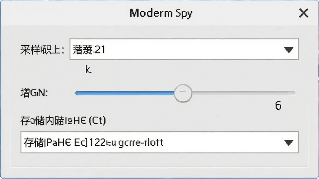 Modem Spy设置界面截图,显示音频参数调整面板,包含采样率下拉框、增益滑块、存储路径选择框,背景为浅灰色,整体风格简洁实用,高清画质,干净无多余元素
