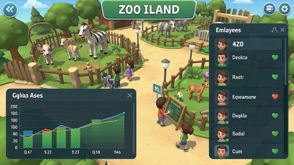 Zoo Island��Ϸ��Ӫ���棬��ʾ����԰��Ӫ������ͼ�����Լ�Ա���б������������ֵ�԰��һ�ǣ����ο���������������������UI���棬����ִ������ɾ��޶���Ԫ�ء�