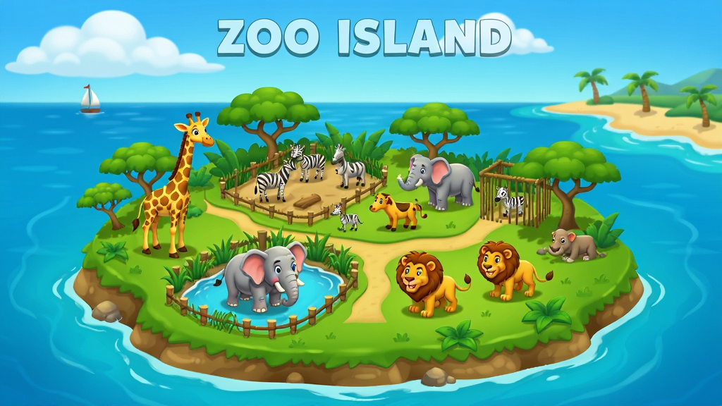 Zoo Island��Ϸ���Ӿ�ͼ��һ��������ɫֲ�����������죬�����Ϸֲ��Ÿ��ֶ������Ϣ�أ��г���¹������ʨ�ӵȣ�Զ����տ���Ĵ󺣺�ɳ̲��������а��ƣ�������������ͨ�����������ɾ����޶���Ԫ�ء�