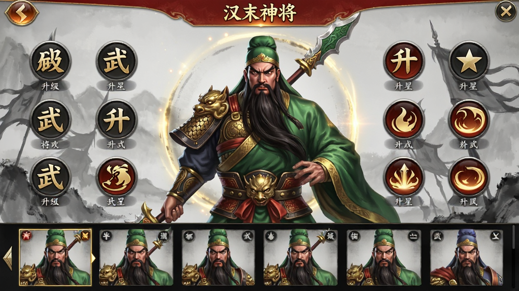 ���壺չʾ����ĩ�񽫡��佫���ɽ��棬�м��ǹ������棬��Χ�����������ǡ����ܰ�ť���·����佫�б������֣����д����棬���ܹ���ͼ�꣬�ײ������б����Ű棺��Ϣ�ܼ������򣬰�ťͼ�����������ϸ��ˮī��дʵ��ϣ���ɫ���ɫΪ��ɫ����ϸ�ڣ����澫�£���Ч��׺����ť�н����ʸС����ʣ����壬�ɾ����޶���Ԫ�ء�