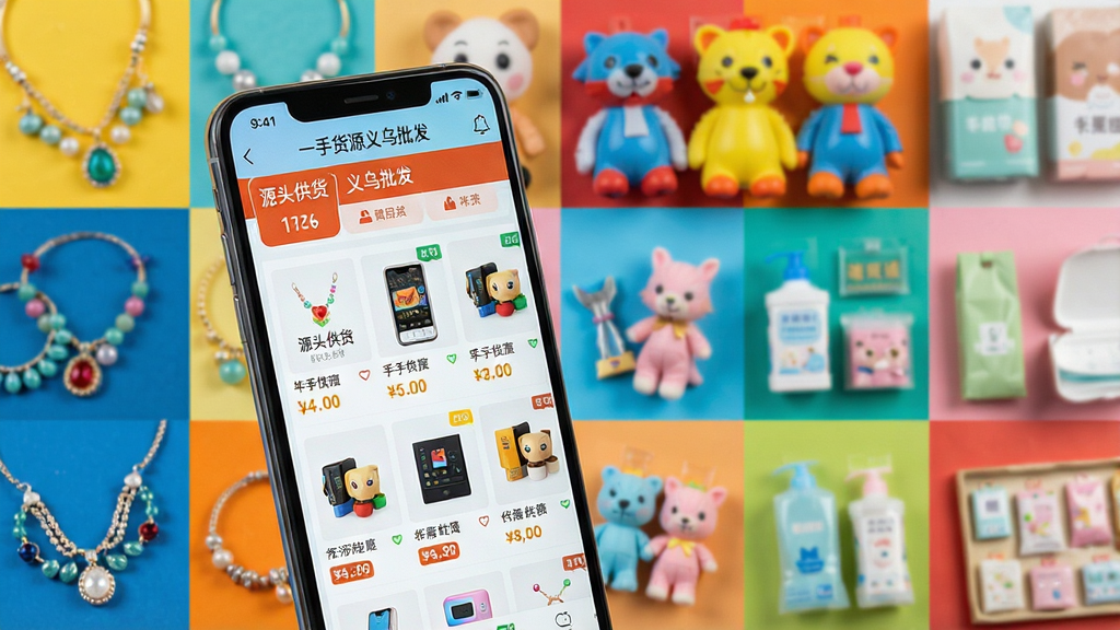 主体:一部亮着屏幕的智能手机,屏幕中显示“一手货源义乌批发”软件的商品列表界面,旁边环绕着各种小商品实物如饰品、玩具、日用百货。布局:手机位于画面中央偏左,商品实物错落分布在周围,形成围绕感。排版:商品排列整齐,色块清晰,界面元素有现代感。风格:写实商业摄影风格,色彩明亮鲜艳,突出商品丰富多样。细节:手机屏幕中可见商品缩略图、价格标签和“源头供货”字样,背景虚化处理突出主体。画质:高清,干净,无多余元素。