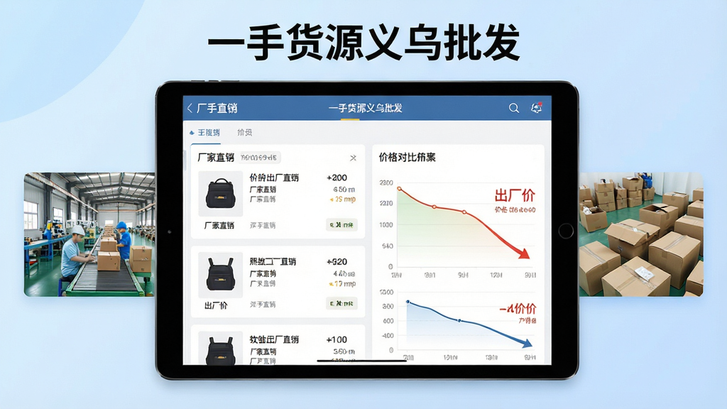 主体:一张展示“一手货源义乌批发”软件界面的平板电脑,屏幕上显示工厂直供的商品列表和价格对比图表。布局:平板电脑居中,左右两侧分别展示工厂生产场景和商品打包场景的小图。排版:界面数据清晰,对比图直观,信息层级分明。风格:现代商务风格,背景采用淡蓝色渐变。细节:屏幕上有“厂家直销”、“出厂价”字样,旁边有价格曲线下降的示意图。画质:高清,干净,无多余元素。