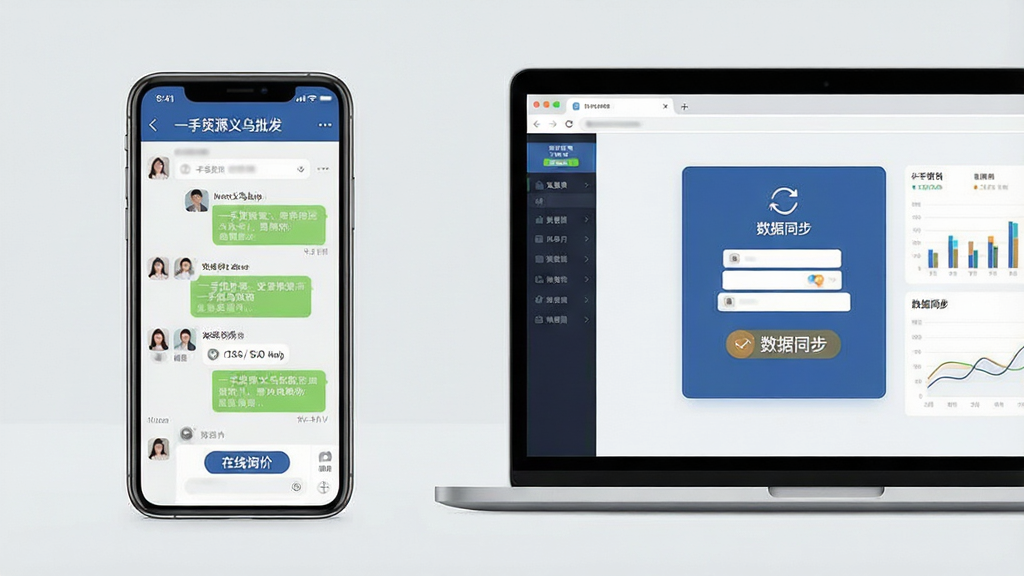 主体:一部手机屏幕上显示“一手货源义乌批发”软件的聊天界面,同时旁边有一台笔记本电脑显示网页版登录界面。布局:手机在左侧,电脑在右侧,形成对比。排版:聊天界面清晰可见,电脑屏幕有数据图表。风格:现代科技感,背景为浅灰色。细节:手机屏幕上有“在线询价”按钮,电脑屏幕上有“数据同步”图标。画质:高清,干净,无多余元素。