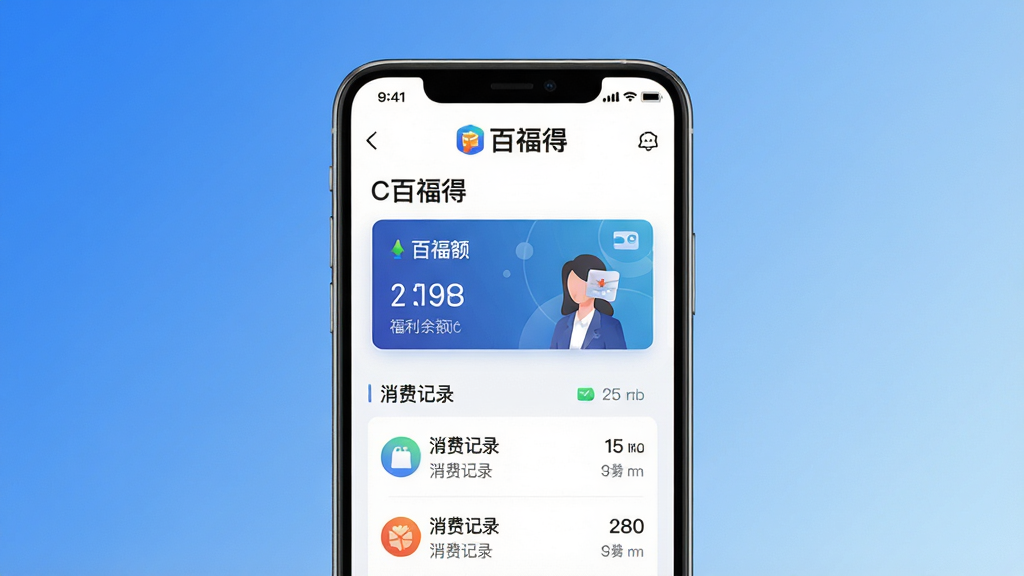 主体:手机屏幕展示百福得APP界面,界面清晰显示“百福得”Logo和福利卡管理功能;布局:手机居中,屏幕内容突出,背景为简洁的渐变蓝色;排版:干净简洁,文字信息易读;风格:现代商务风格,科技感;细节:屏幕中显示卡片余额、消费记录列表等元素,光线柔和;画质:高清渲染,干净,无多余元素。