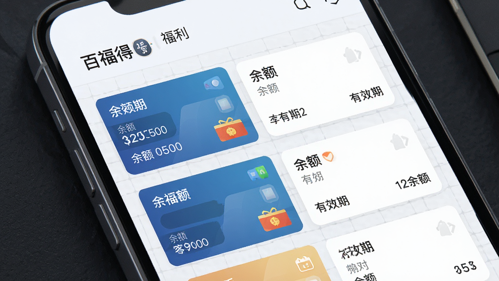 主体:百福得App的福利卡管理界面,显示多张卡片绑定和余额信息;布局:界面列表形式,卡片信息清晰排列;排版:简洁明了,图标与文字搭配合理;风格:清新商务风;细节:卡片上标注“余额”、“有效期”,背景有淡淡的网格纹理;画质:高清,干净,无多余元素。