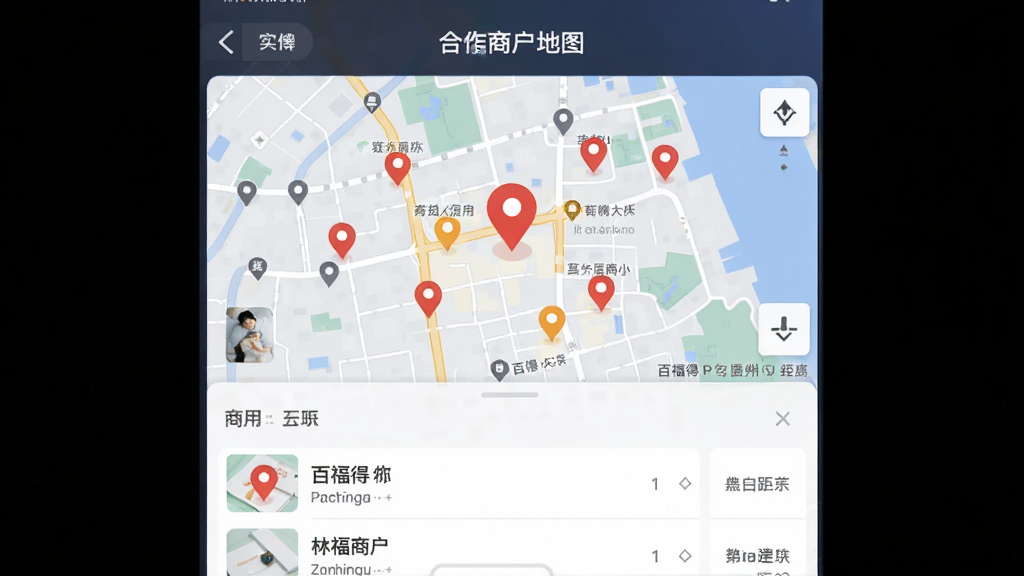 主体:百福得App的合作商户地图界面,显示附近商户标记;布局:地图居中,下方商户列表;排版:地图与列表结合,信息直观;风格:简洁实用风格;细节:地图上有红色定位标记,商户列表显示名称和距离;画质:高清,干净,无多余元素。