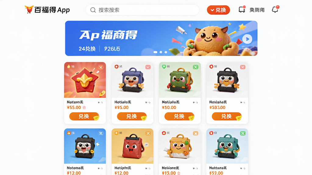 主体:百福得App商城页面,展示多种商品分类和促销活动;布局:商品卡片式排列,顶部有搜索栏和轮播图;排版:色彩鲜艳,商品图片突出;风格:电商风格,活泼明快;细节:商品图片清晰,标有价格和“兑换”按钮,背景干净;画质:高清,干净,无多余元素。
