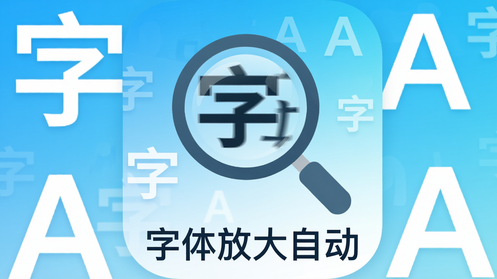 主体:一款名为“字体放大自动”的安卓手机应用图标,图标以放大镜和文字为设计核心,背景为清新的蓝白渐变。布局:图标居中,周围环绕着放大的“字”和“A”字母,视觉上突出放大效果。排版:图标下方有“字体放大自动”汉字名称,字体清晰易读。风格:扁平化设计,简洁现代,色彩明亮。细节:放大镜镜片内有明显的文字放大动态效果,体现软件核心功能。画质:高清,干净,无多余元素。