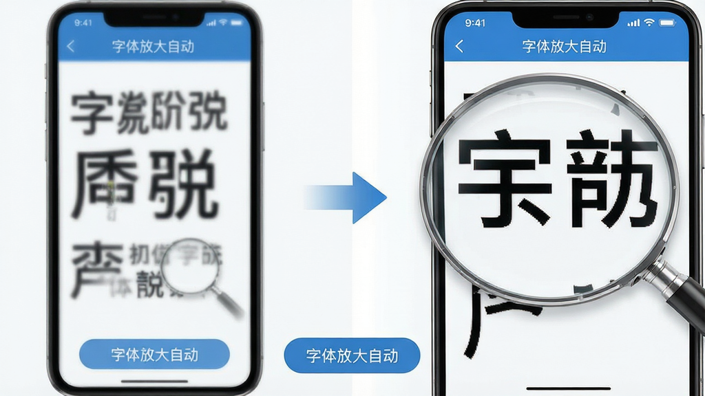 主体:智能手机屏幕展示“字体放大自动”应用界面,屏幕上文字被明显放大,对比左侧未放大时的效果。布局:左侧为缩小模糊的文字,右侧为放大清晰的内容,中间用箭头标识放大方向。排版:屏幕底部有“字体放大自动”的操作按钮,简洁明了。风格:科技感,界面清爽,注重功能展示。细节:放大后的字体边缘锐利,背景干净,突出文字清晰度。画质:高分辨率,干净,无多余元素。