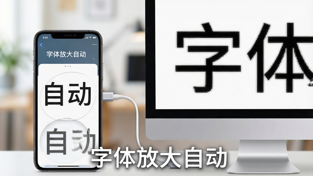 主体:一部手机和一台电脑并排放置,屏幕上显示“字体放大自动”的应用界面和放大后的清晰文字。布局:左手机右电脑,中间有连接线示意数据同步。排版:画面下方有“字体放大自动”字样的水印。风格:写实风格,光线明亮,强调跨平台使用。细节:文字放大效果明显,背景虚化。画质:高清,干净,无多余元素。